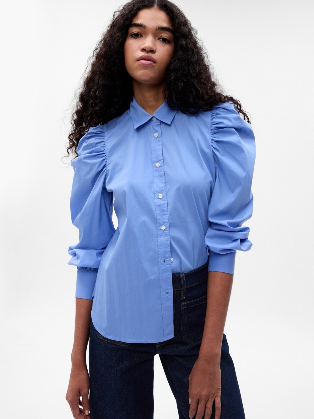 NWT GAP Blue Puff Sleeve Slim Button Front Shirt Large Preppy